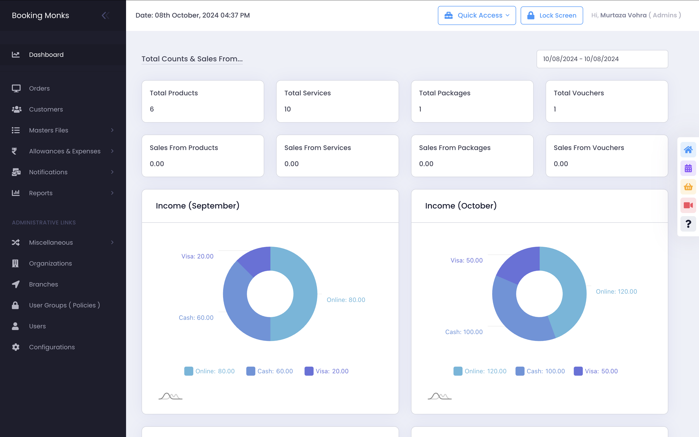 Booking Monk admin dashboard with sales and income reports